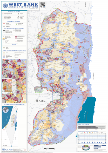 Map Karta över Västbanken och dess updelning i område A, B och C från FN:s kontor för samordning av humanitär hjälp, UNOCHA.